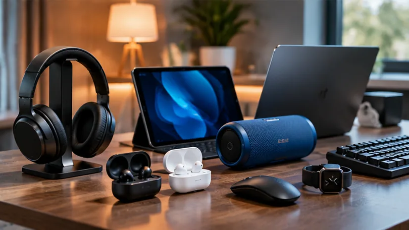 Modern electronics and audio accessories on a desk