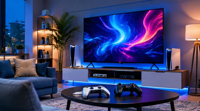Contemporary gaming room with consoles and controllers