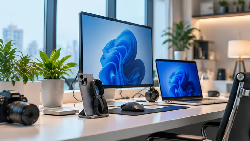 Modern smartphones and personal technology in an office